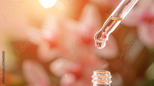 macro close-up of skincare serum dropper releasing clear drops on smooth glowing skin, shallow depth of field, bright lighting, minimal background, cosmetic product shot