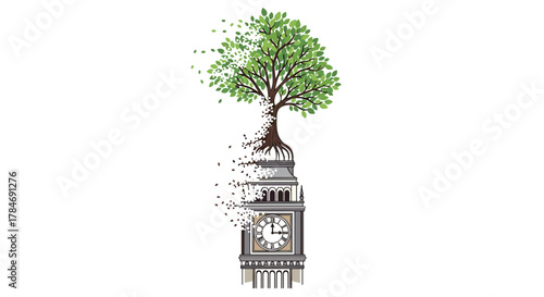 Big Ben Clock Tower Transforms into a Lush Green Tree Symbolizing Growth and Nature, Generative AI.