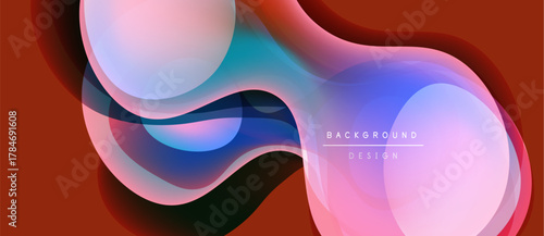 Abstract fluid shapes overlap, creating vibrant color gradients. Design features soft pinks, blues, deep reds. Modern aesthetic.