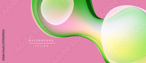 Abstract flowing shapes, pink backdrop. Green, yellow hues blend smoothly. Modern design element, dynamic composition.