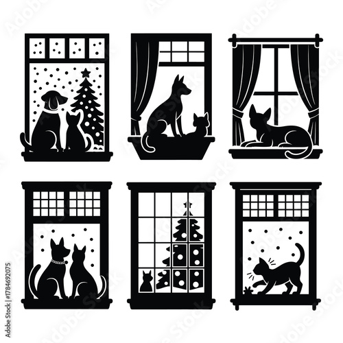 Winter Window Pet Silhouette Vector Bundle 