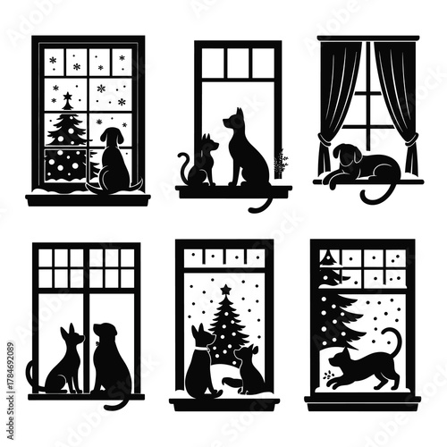 Winter Window Pet Silhouette Vector Bundle 