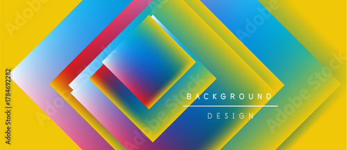 Vibrant geometric design. Overlapping diamonds create colorful gradients. Yellow backdrop enhances visual impact, modern aesthetic.