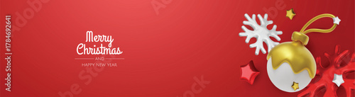 Happy New Year and Merry Christmas. Christmas holiday background with realistic 3d objects, bauble balls, conical metal stars. Levitation falling design composition.