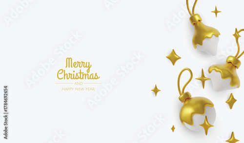 Happy New Year and Merry Christmas. Christmas holiday background with realistic 3d objects, bauble balls, conical metal stars. Levitation falling design composition.