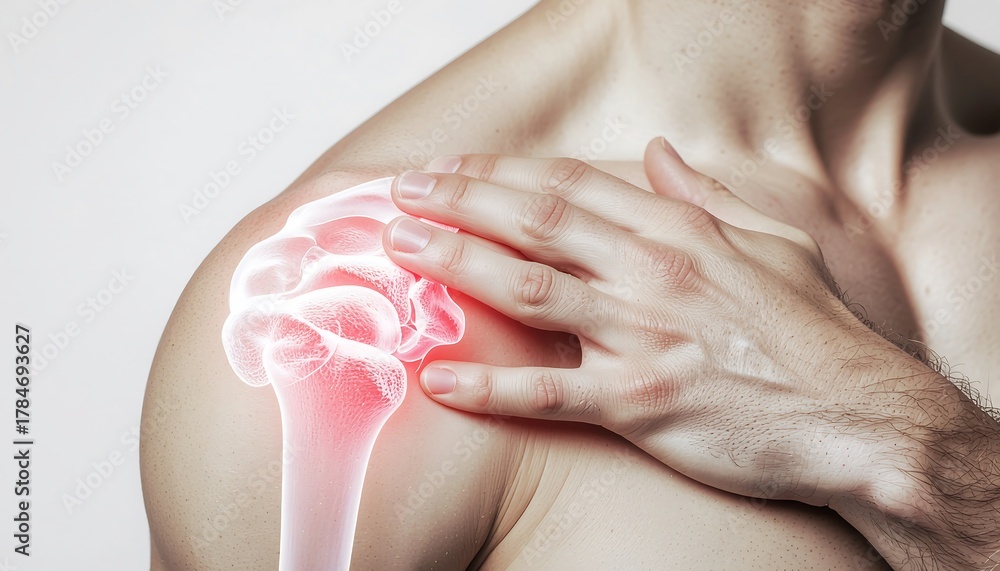 Naklejka premium Anatomical view of a painful human shoulder joint, showing inflammation and injury with a glowing red skeletal overlay