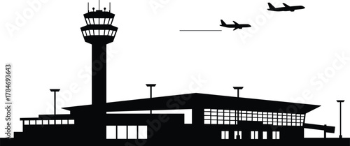 Airport terminal silhouette, control tower, flying airplanes, contrail motion, aviation infrastructure, black and white, travel hub, transport architecture, air traffic, minimal vector, night scene