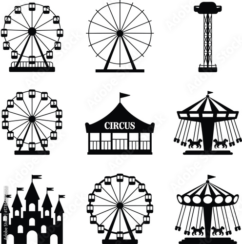 Amusement park icon set, carnival fairground symbols, ferris wheel, carousel, circus tent, castle, swing ride, entertainment collection, black silhouette design, vector illustration, fun fair