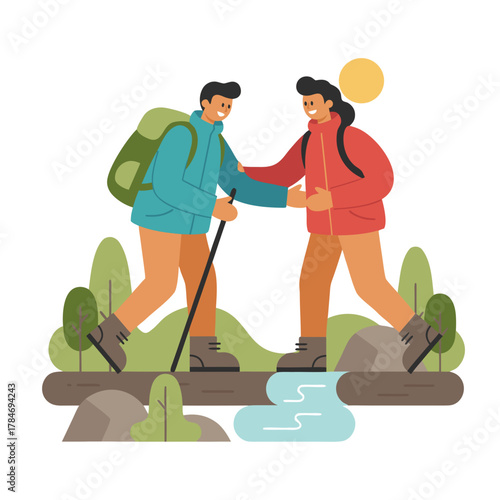 Two Hikers Wearing Backpacks And Jackets Greet Each Other With A Handshake While Crossing A Stream In A Forested Area Under A Bright Sun