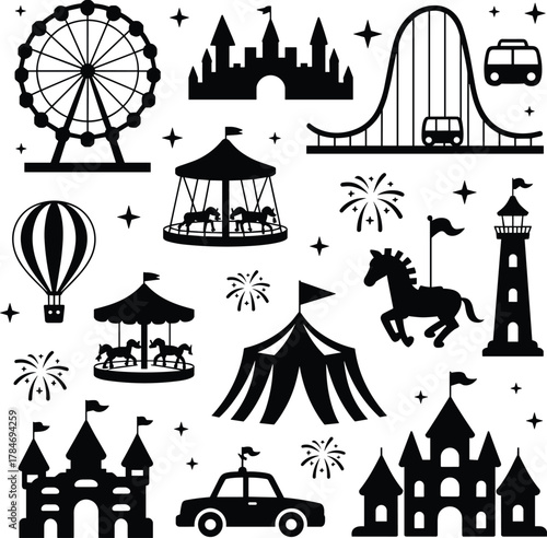 Amusement park icons collection, carnival funfair symbols, roller coaster, ferris wheel, castle, carousel, circus tent, fireworks, entertainment elements, 