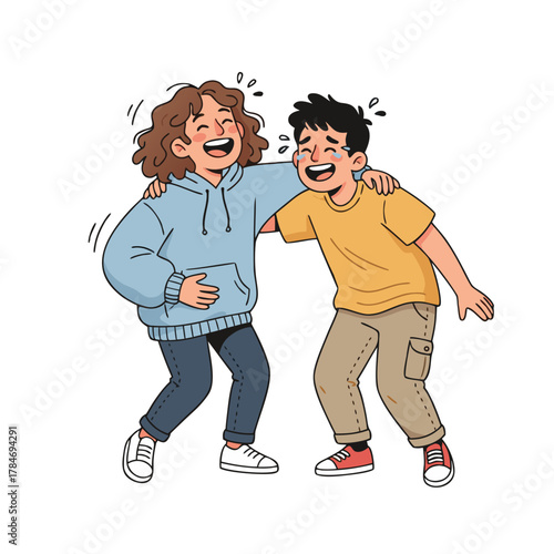 Two Joyful Friends Sharing Earphones and Laughing Together While Listening to Music in a Flat Digital Illustration Style
