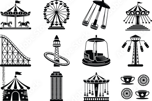 Amusement park ride silhouettes, black and white design, carousel, Ferris wheel, roller coaster, swing ride, drop tower, teacup ride, circus tent