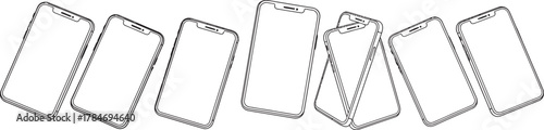Line art vector graphic of numerous mobile communication devices in diverse orientations, symbolizing contemporary digital technology and innovation