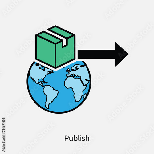 Vector illustration of publishing a package or content globally on planet earth, represented by an icon of a box on top of the globe with an arrow pointing to the right