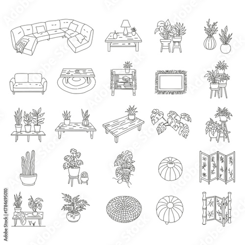home decor line art illustrations for interior design projects featuring couches tables plants screens and rugs for a minimalist aesthetic
