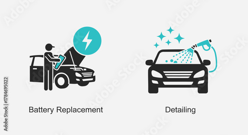 Vector illustration of car service icons battery replacement and detailing, representing automotive maintenance and care