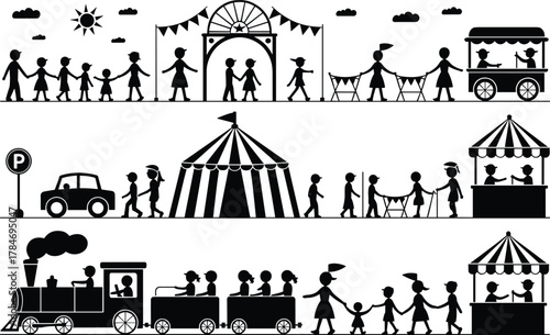 Amusement park, fairground, children playing, family fun, circus tent, steam train, vendor stall, festive crowd, outdoor event, joyful gathering, black and white illustration, community celebration