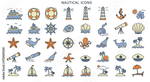 nautical icons collection featuring cruise ships lighthouses islands and sea life elements ideal for travel blogs seaside promotion and summer designs.