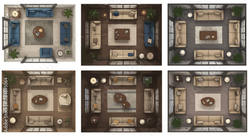 living room layout showcasing furniture arrangements interior design options in various home settings perfect for architectural visualization and home staging.