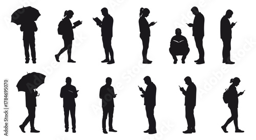 People silhouettes using phones and reading books capturing the modern lifestyle in urban spaces ideal for illustrating connection and information access.