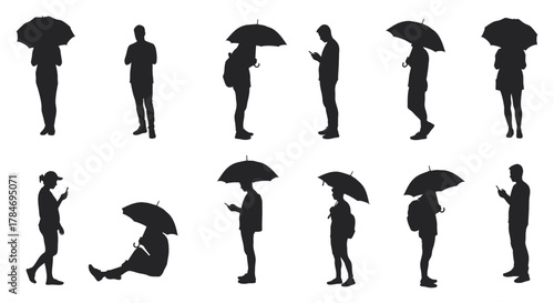 People silhouettes in the rain using phones and umbrellas against a plain backdrop for designs about urban life technology use and modern commuting.