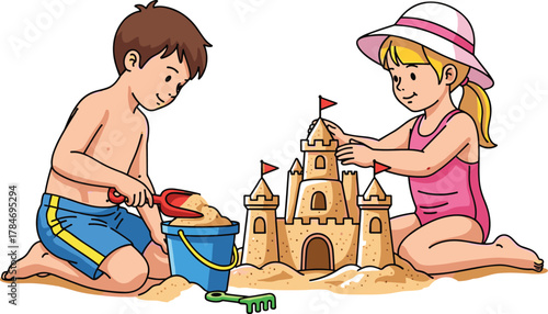 Happy Children Building Sandcastle on Beach, Boy and Girl Playing with Shovel and Bucket in Summer, Vector Illustration.