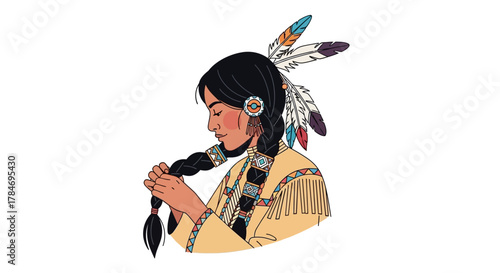 Native American Woman Braiding Hair in Profile Illustration