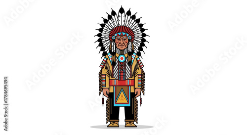 Native American Chief in Full Ceremonial Regalia Vector Illustration