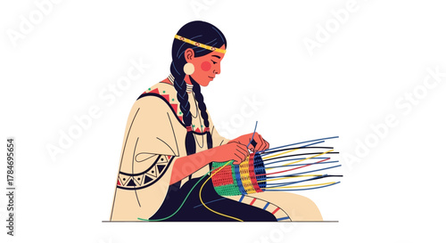 Native American Woman Weaving a Traditional Basket Illustration