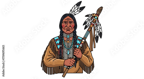 Native American Chief with Headdress and Staff Vector Illustration