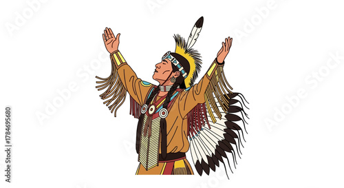 Native American Indian Praying with Open Arms Cartoon Illustration