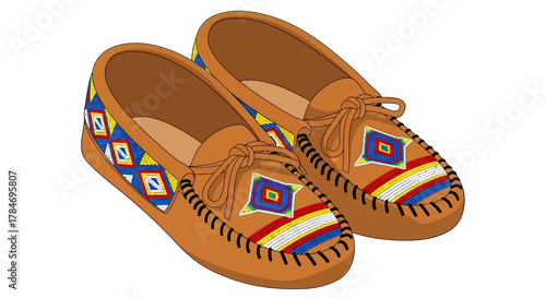 Pair of Colorful Native American Moccasins Traditional Footwear Isolated