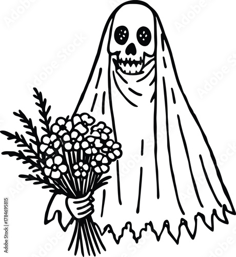 Lace ghost with long flowing veil holding bouquet line art design.