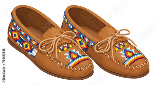 Pair of Authentic Native American Moccasins Close Up Isolated