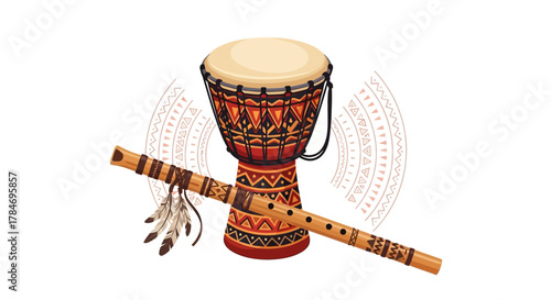 Ethnic Musical Instruments Djembe Drum and Flute on White Background