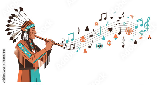Native American Man Playing Flute with Musical Notes Illustration