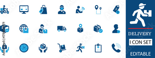 A modern flat vector icon set representing delivery, courier, logistics, and shipping services. Perfect for web design,  packaging, and e-commerce branding in a clean minimalist style