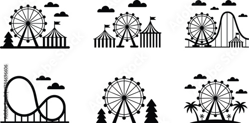 Amusement park, Ferris wheel, roller coaster, circus tent, silhouette style, black and white, minimal design, festive scene, family fun, outdoor entertainment, 