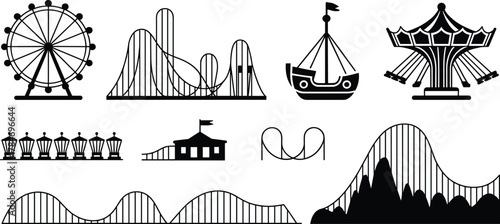 Amusement park, Ferris wheel, roller coaster, pirate ship ride, swing ride, drop tower, ticket booth, silhouette design, black and white, festive layout, entertainment icons, ride variety