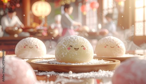 Sweet smiling mochi on wooden plates