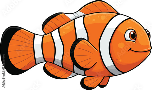 Cartoon clownfish character, vibrant orange marine animal, white stripes, smiling face, ocean wildlife vector illustration for kids, education, aquarium, sea life