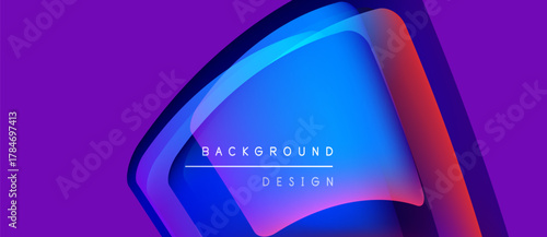 Abstract vibrant design. Overlapping shapes create dynamic gradient effect. Purple, blue, red hues dominate composition. Modern aesthetic.