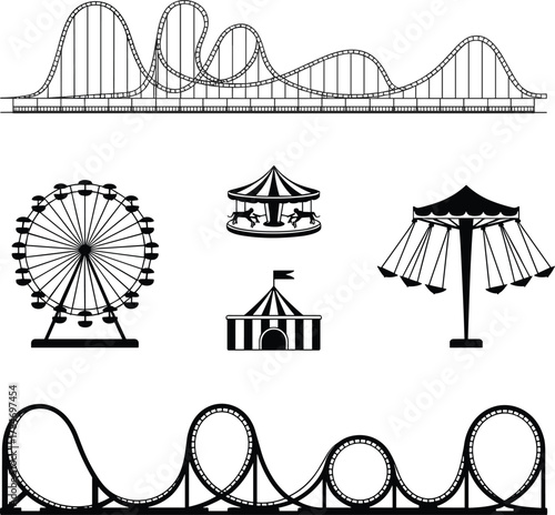 Amusement park, roller coaster, Ferris wheel, carousel ride, swing ride, circus tent, black and white, festive attractions, entertainment icons, joyful scene, classic rides, silhouette design
