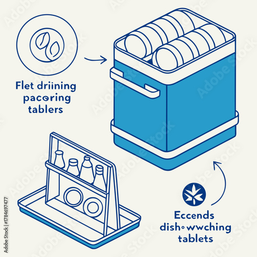 Dishwasher tablets and drying rack illustration