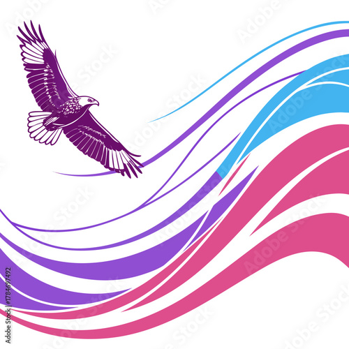 Majestic eagle soaring above colorful abstract waves