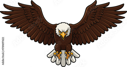 Cartoon bald eagle flying, fierce expression, wings spread, sharp talons, patriotic bird, vector illustration for kids, wildlife, freedom, education