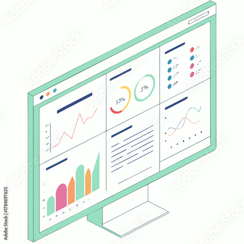 Isometric computer screen displaying various data charts and graphs