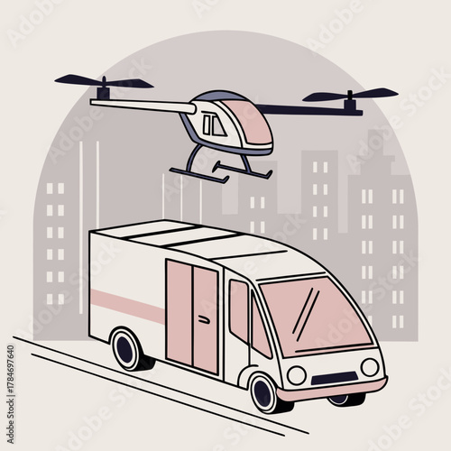 Modern delivery methods with drone and van in city