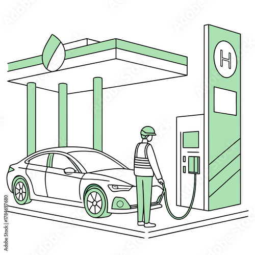 Person fueling a hydrogen car at a modern gas station with a leaf logo