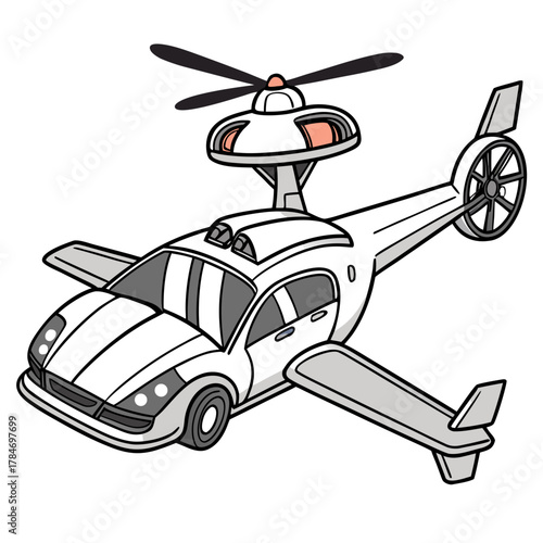Cartoon flying car helicopter hybrid vehicle with wings and rotor